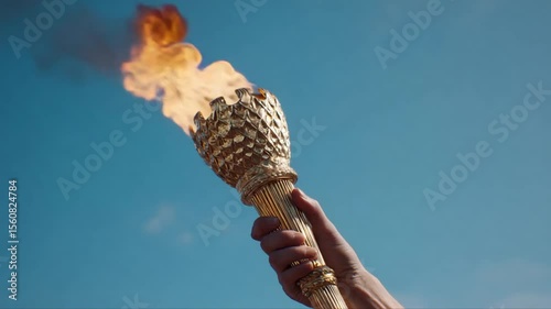 A golden torch, aflame, is held aloft against a vast blue sky. The detailed, textured head and handle gleam brightly