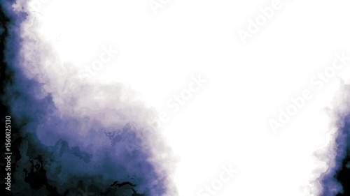 Abstract background with large white space contrasted by dark smoky formations in shades of black, gray, and muted purple. The soft, diffused textures create a mysterious, ethereal atmosphere.