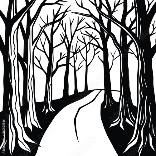 A captivating vector silhouette of a bare tree with intricate branches, perfect for nature-inspired designs depicting autumn, winter, or a serene forest landscape