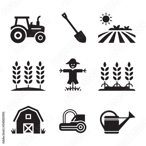 Farm icons tractor shovel crops barn scarecrow field
