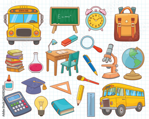 School supplies and education icons on graph paper background illustration.