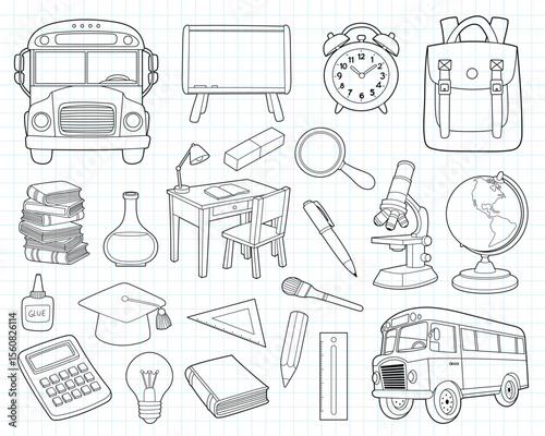 Collection of school supplies and learning related objects in line drawing.