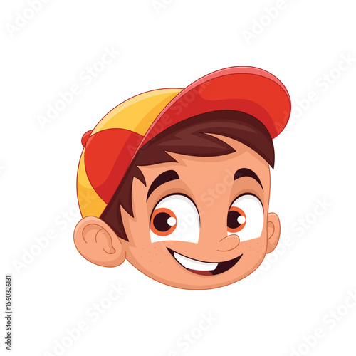 Cartoon illustration of a smiling boy with a cap, looking cheerful. 