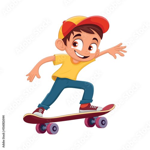 A cartoon boy enjoys skateboarding, showing a happy and active character.