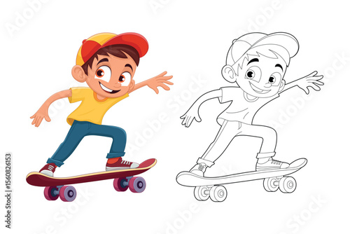 Cartoon boy skateboarding with outlined version on the right side.