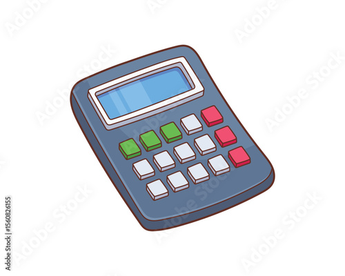 Illustration of a gray calculator with green, white, and red square buttons.