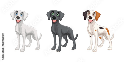 Three cartoon dogs in different colors standing on a white background.