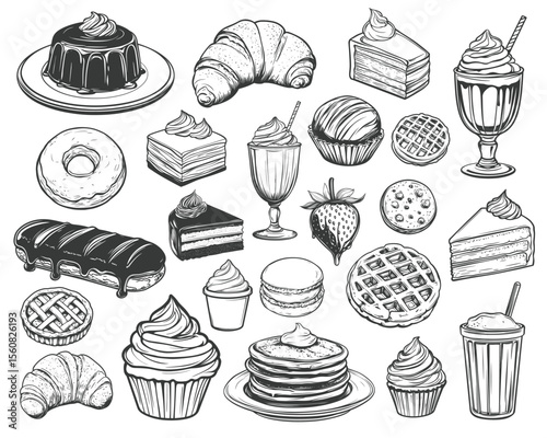 Assortment of Desserts: Cakes, Pastries, and Treats in Sketch Illustration