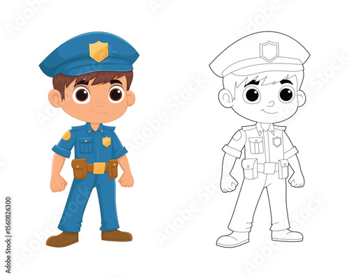 Cartoon illustration of a young boy dressed up in a police officer uniform.