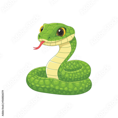 Cartoon Green Snake with Yellow Eyes and Red Tongue Isolated on White