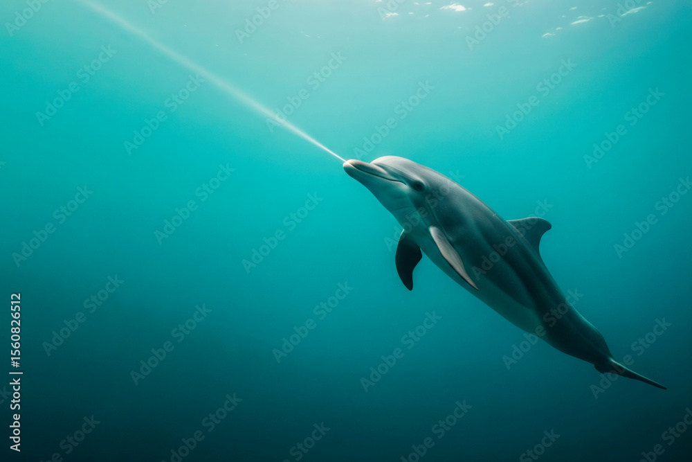 Fototapeta premium A dolphin releases a jet of air in the water. Space for text.