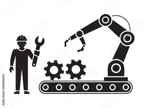Worker with robotic arm and gears mechanic hard hat