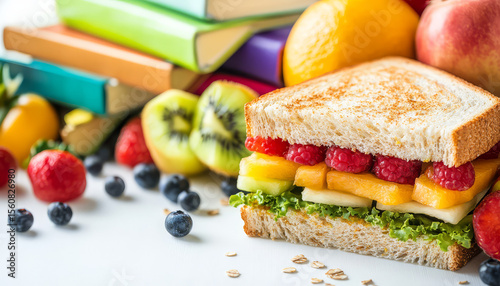 Healthy School Lunch Fruits and Books – Flat Lay