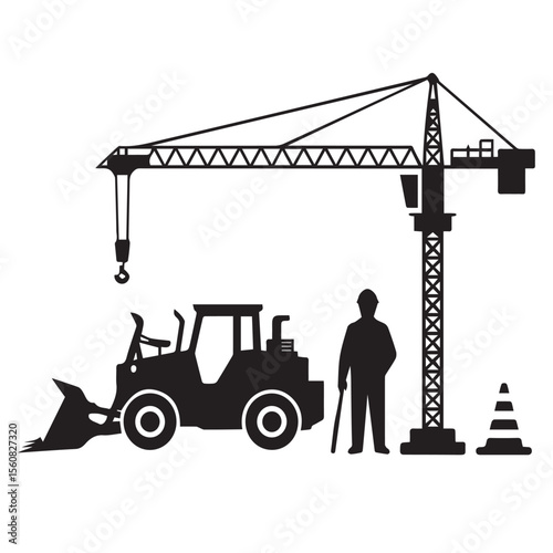 Construction scene with crane bulldozer and worker