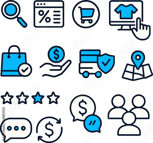 E-commerce icons for online shopping, digital marketing, and retail business apps