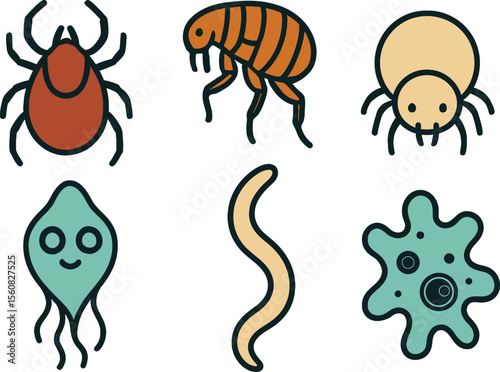 Parasites and microbes icon set. Flat cartoon vector illustration of germs, ticks, and worms