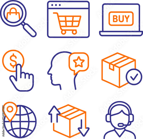 E-commerce and delivery icons for online shopping and logistics services