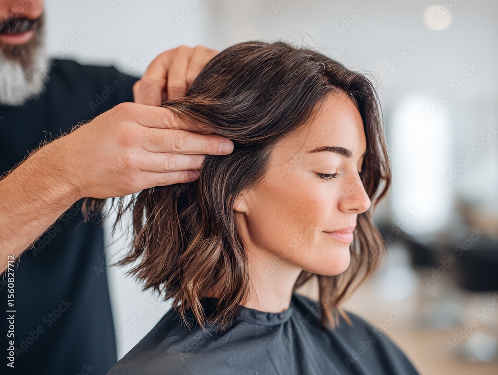Fototapeta premium Woman with short hair is sitting in a chair while a hair stylist cuts her hair