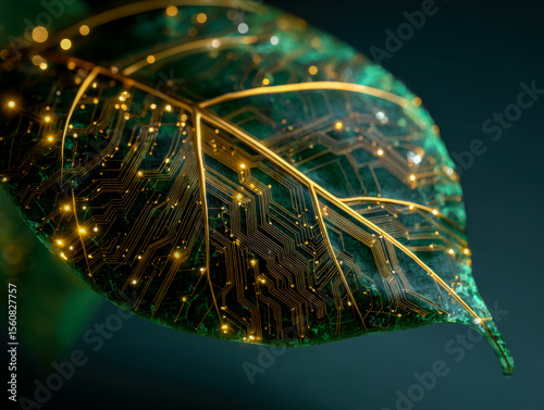 Close-up of a digital circuit board embedded in a leaf, symbolizing technology and nature integration