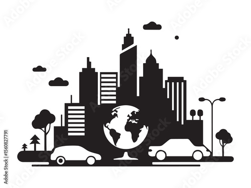 Cityscape with globe and cars buildings trees