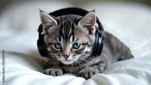 A cute gray kitten with headphones is listening to music and moving its head to the beat.