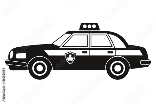 Black and White Police Car Clipart with Lights and Shield Illustration