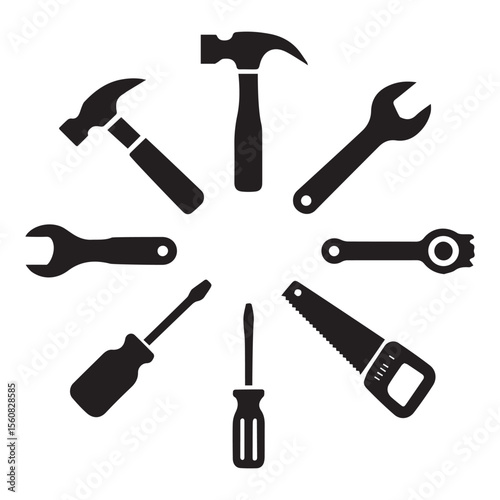 Black tools arranged in a circle hammer wrench