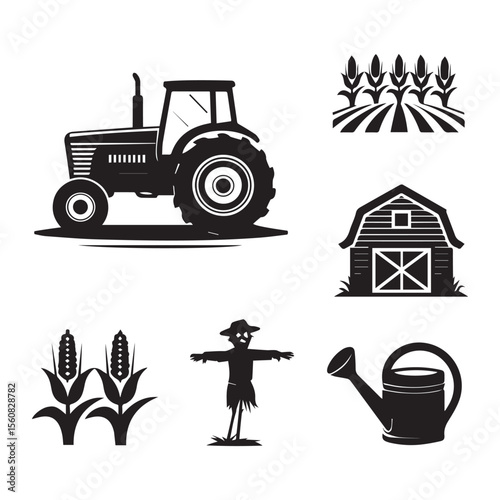 Farm tractor barn corn scarecrow watering can vector