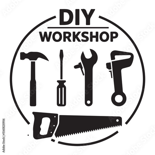 Black workshop tools circle hammer screwdriver