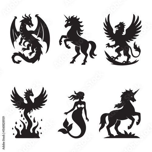 Mythical creatures silhouettes dragon unicorn