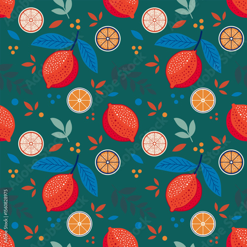A rich, autumnal seamless pattern with a repeating background of red citrus, orange slices, and diverse leaves on dark teal. Ideal for seasonal textiles and decor.