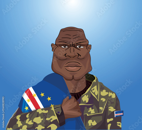 Embrace the essence of bravery and patriotism! Witness the power of an Cape Verdean soldier with the national flag. Fuel your designs with pride. Get this essential vector file and inspire greatness!