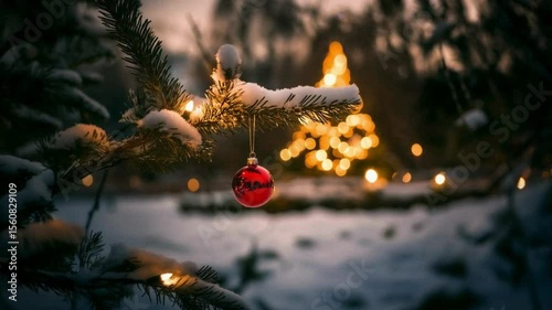 Red Christmas Ornament on Snowy Tree