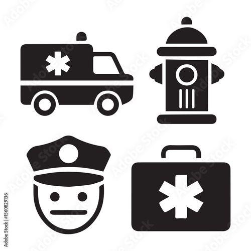 Emergency service icons ambulance hydrant police medical kit