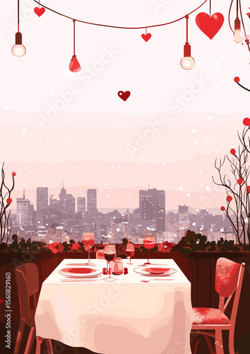 Romantic dinner setting with hearts and city view at sunset  
