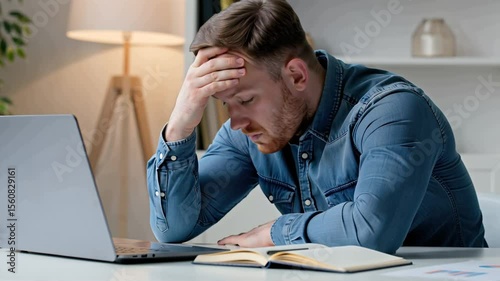stressed male freelancer at table with laptop at home problems with project,