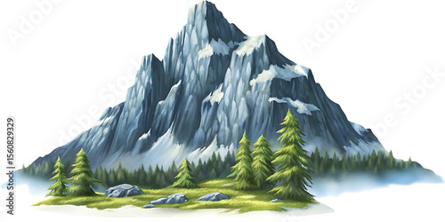 Snowy mountain peak with pine trees isolated on a transparent background