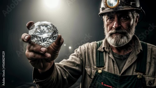 Miner man showing large cut diamond, mining and digging for precious stone in a dark cave environment footage.