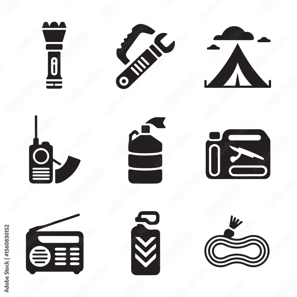 Fototapeta premium Camping gear and tools collection tent flashlight
