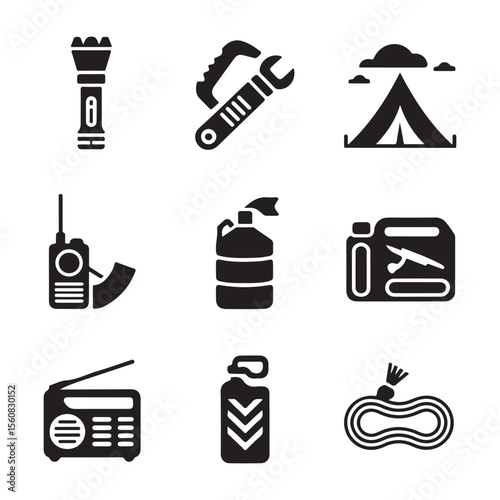 Camping gear and tools collection tent flashlight