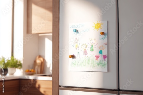 Colorful child’s drawing on white fridge door in bright modern kitchen with soft natural light and warm cozy family atmosphere Generative AI