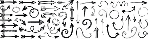 Collection of hand drawn sketchy black arrows and circular elements in various styles and directions isolated on transparent background