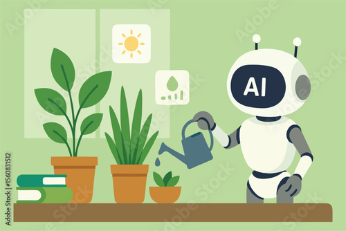 AI Robot Watering Indoor Plants – Flat Vector Illustration for Smart Gardening and Sustainability