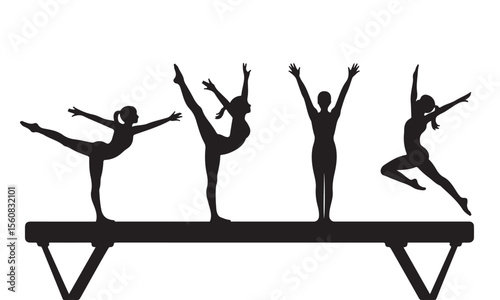 Four gymnasts performing on a balance beam silhouette isolated on white background