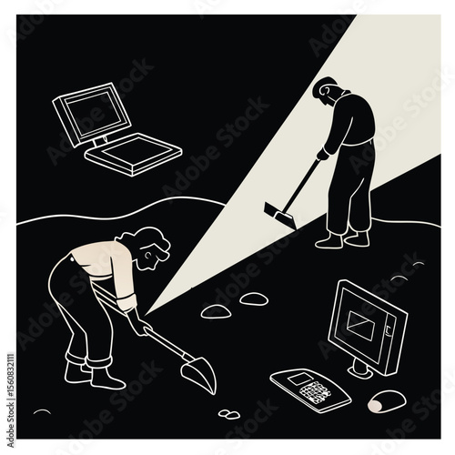  Exploring the intersection of digital and physical realms, the image illustrates a concept of information search through illustration.