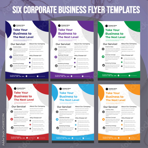 SIX MODERN Corporate Business A4 Flyers TEMPLATES, with DIFFERENT COLOR COOLECTION AND creative editable geometric vector design templates, Informative modern layouts for promotional AND purpose