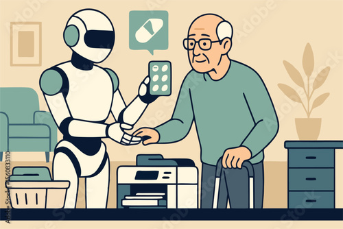Flat Vector Illustration of AI Robot Assisting Elderly Person at Home with Medication and Health Monitoring - Eldercare Technology Concept