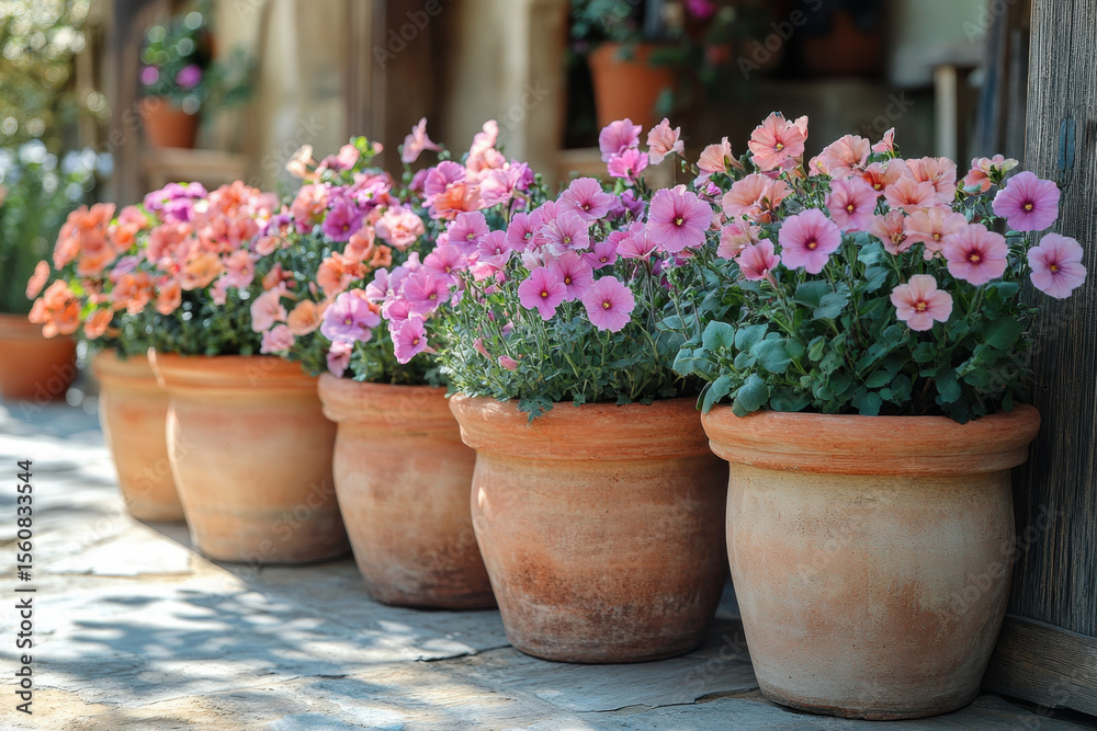 Obraz premium Row of potted flowers in full bloom.