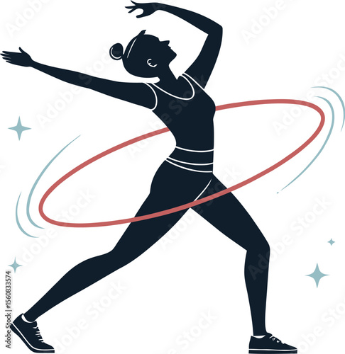Active woman exercising with hula hoop. PNG, editable vector illustration 