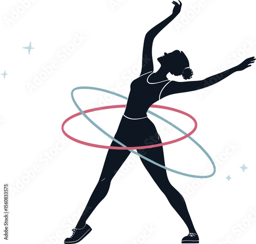 Active woman exercising with hula hoop. PNG, editable vector illustration 